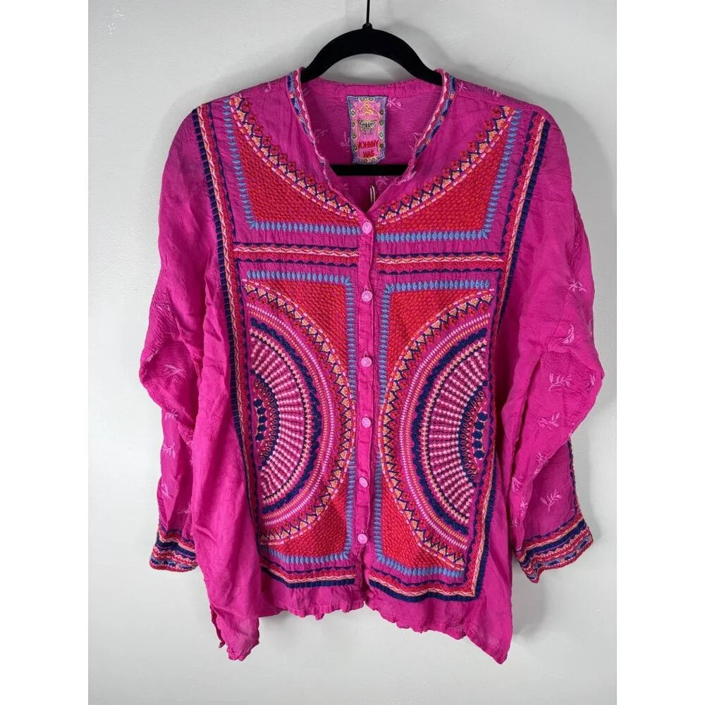 Johnny Was The Audrey Mandarin Collar Embroidered Shirt in Fuchsia Size M NWT - Picture 4 of 7